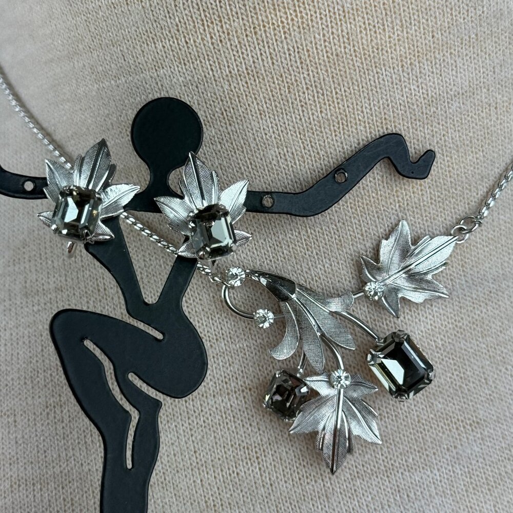 Vintage Van Dell Set Sterling Silver Leaf & Rhinestone Necklace and Earrings